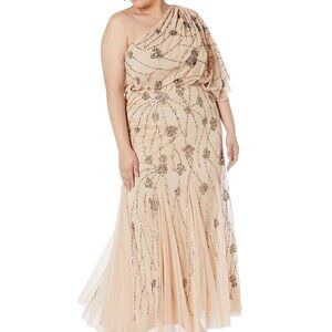 Adrianna Papell Dress Women 22W Nude One Shoulder Mesh Beaded Sequin Gown